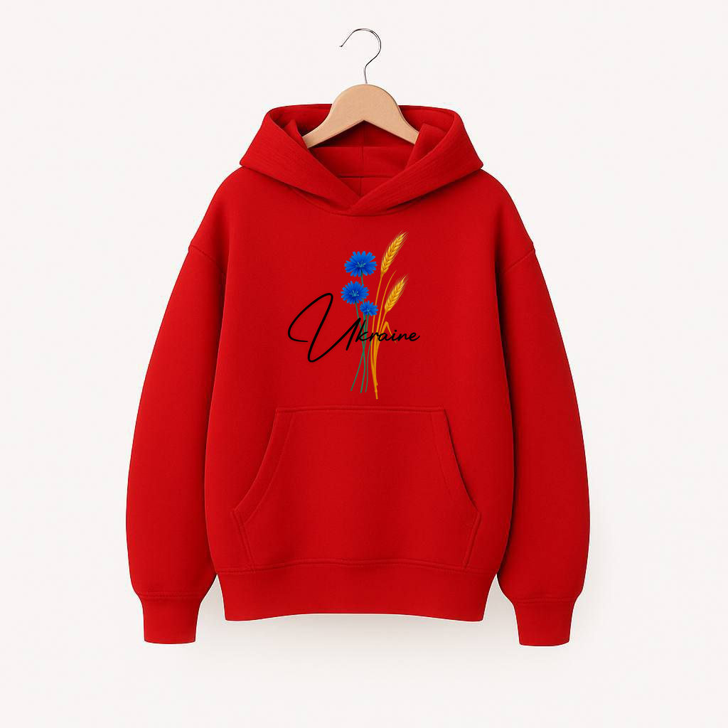 ХУДІ УТЕПЛЕНЕ ОВЕРСАЙЗ ЧЕРВОНЕ З ПРИНТОМ "КОЛОСОК УКРАЇНА"