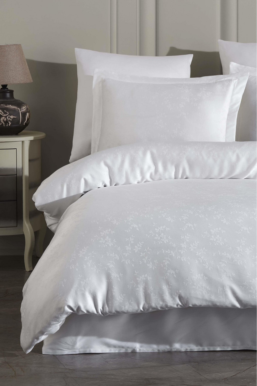 Постільна білизна Laura Home Eva 160×220 см — білий жакардовий сатин тенсель, сімейний комплект