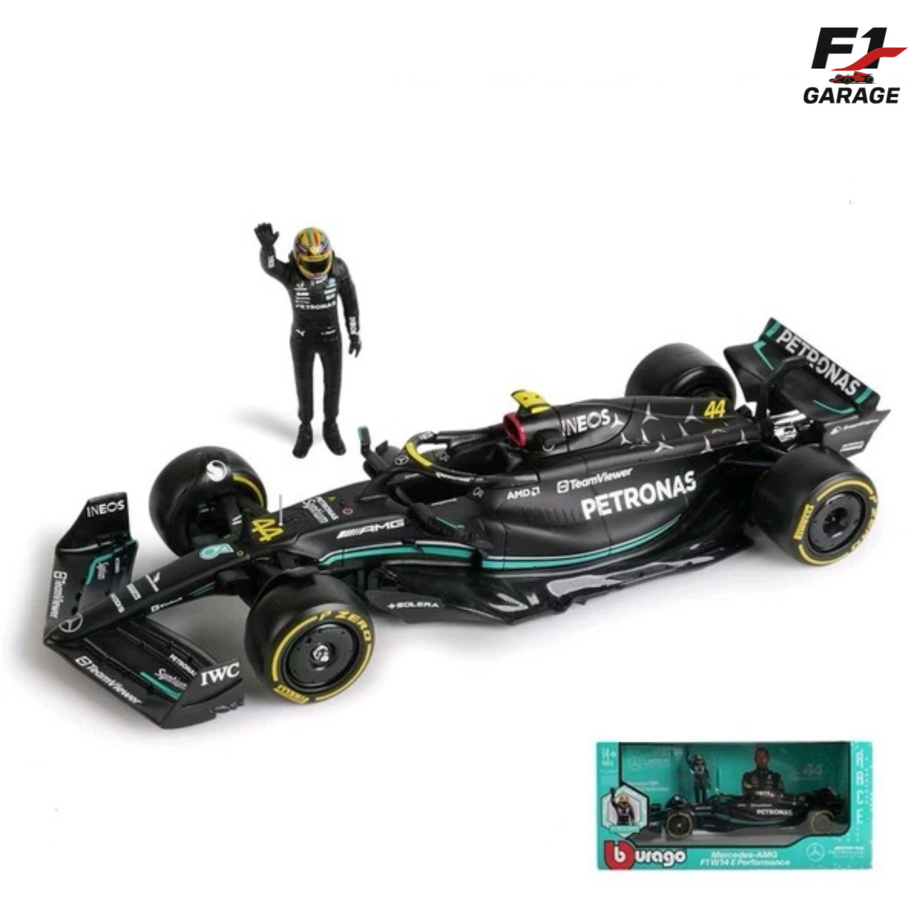 Burago Mercedes W14 Lewis Hamilton, 1:24, 2023 + driver figure