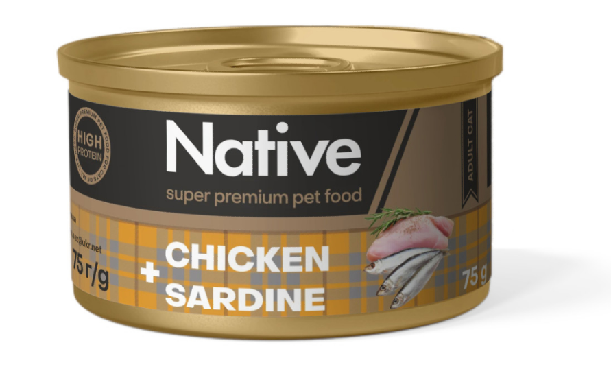Native Chicken with Sardine Adult Cat - натуральний консервований корм з куркою і сардиною для котів, 75г