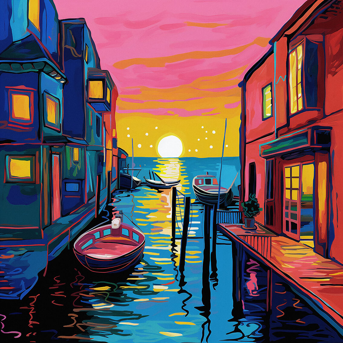 Fishing village, 80x80 cm, original acrylic painting on canvas