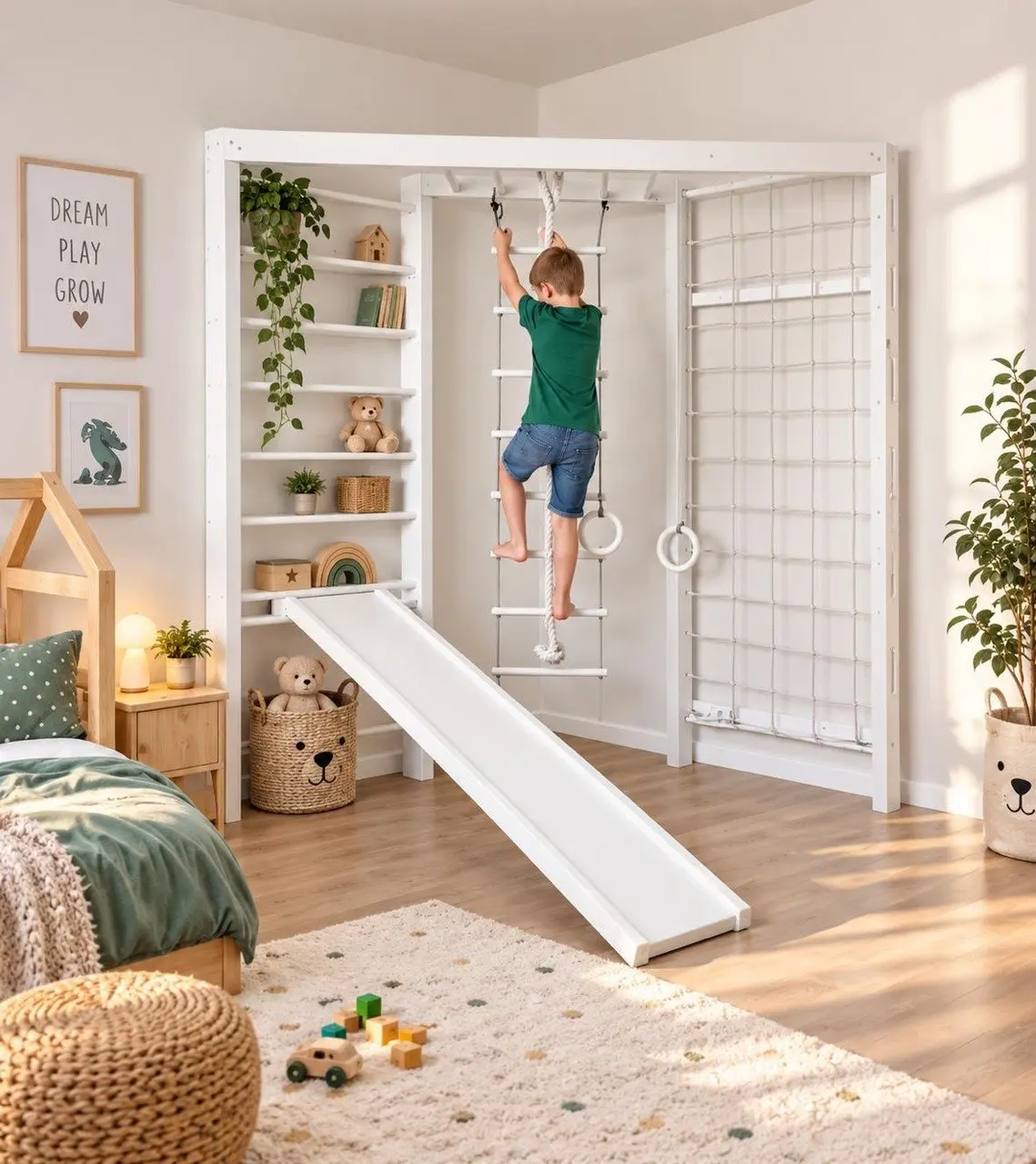 Theo Eck-Kletterwand XL Weiß – 2-seitiges Indoor Klettergerüst für Kinder mit Netz