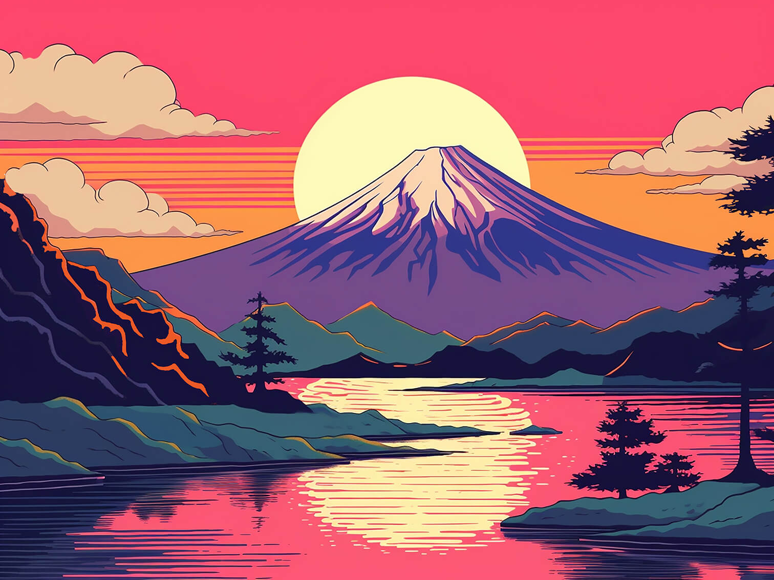 Fuji at sunset, 60x80 cm, original acrylic painting on canvas