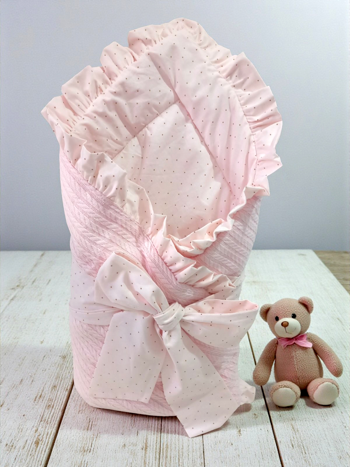 Теплий плед-конверт з бантом піке косичка 80 х 85 см Горошок рожевий