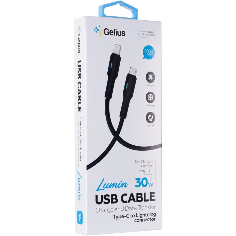 Кабель USB Gelius Lumin Lamp GP-UC100 Type-C to Lightning (2m) (30W) Black