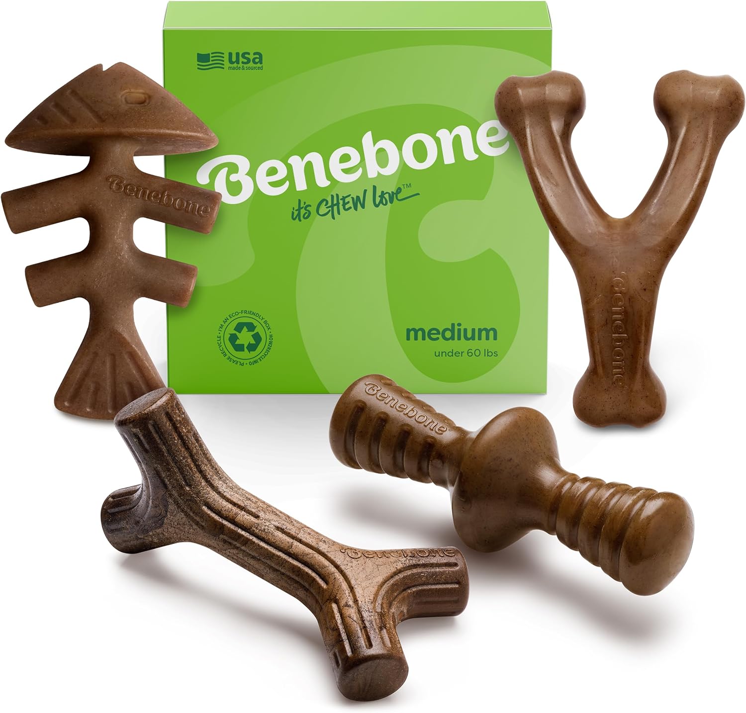 Benebone Medium Holiday 4-Pack Dog Chew Toys for Aggressive Chewers