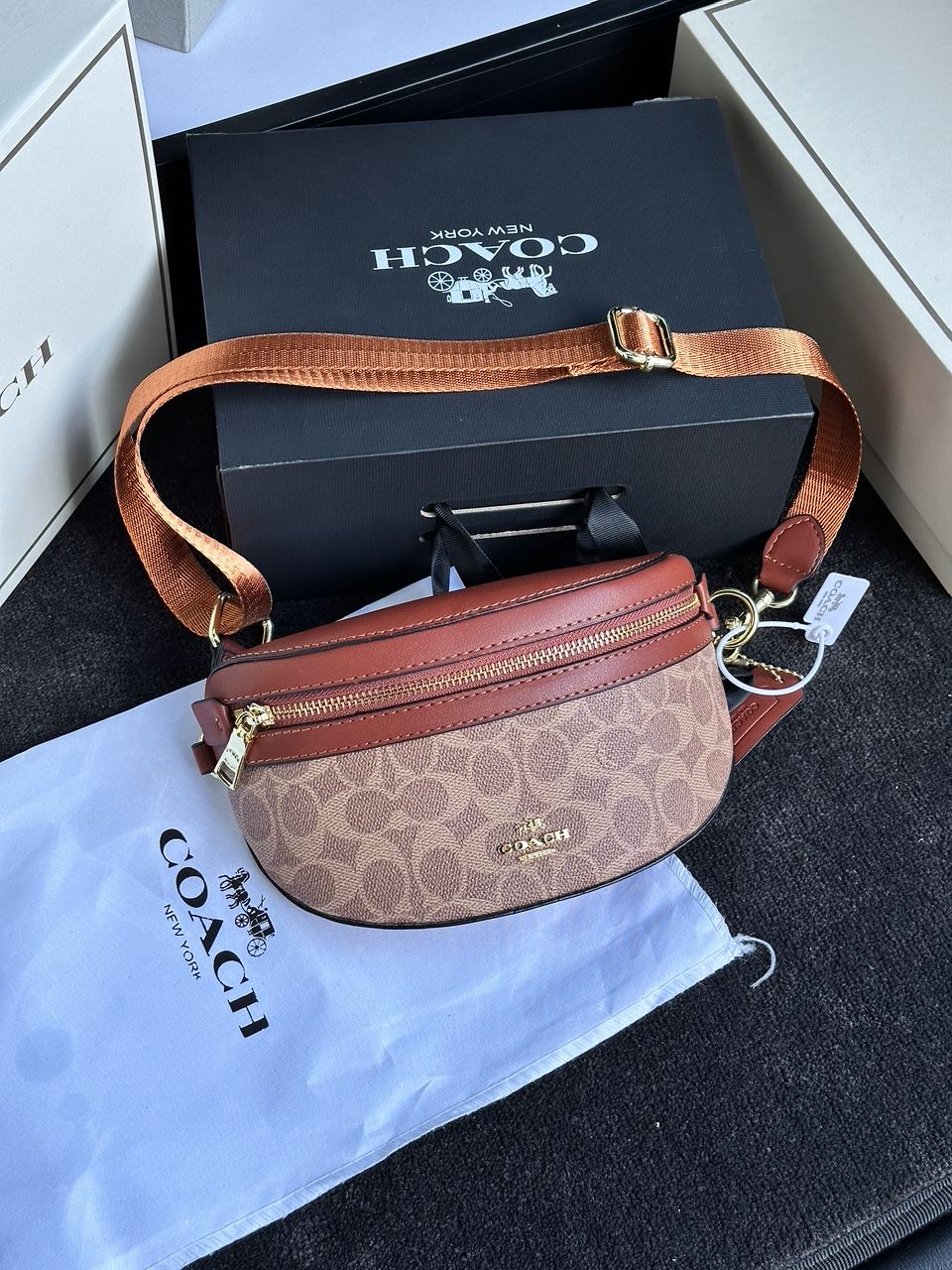 Coach Leather Signature Belt Bag, Tan/Rust