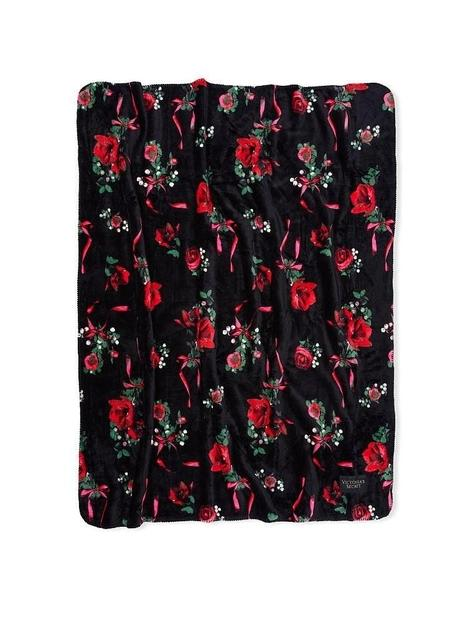 Флісовий Плед Ковдра VS Plush Fleece Blanket 127*152см чорний з квітковим принтом