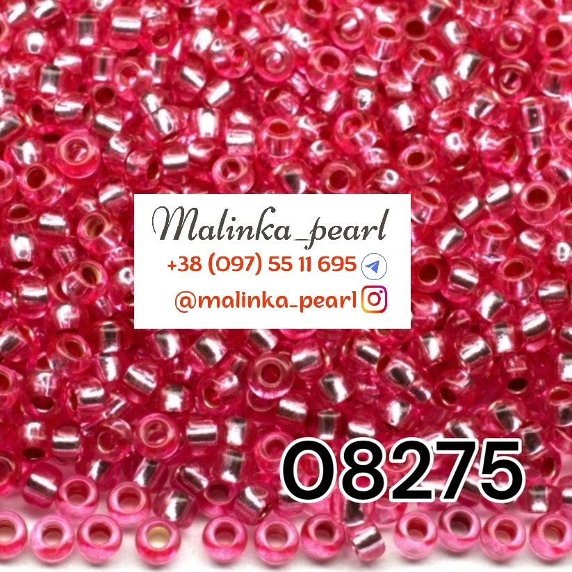 Бісер  яскраво-рожевий, кристальний з блискучим срібним отвором