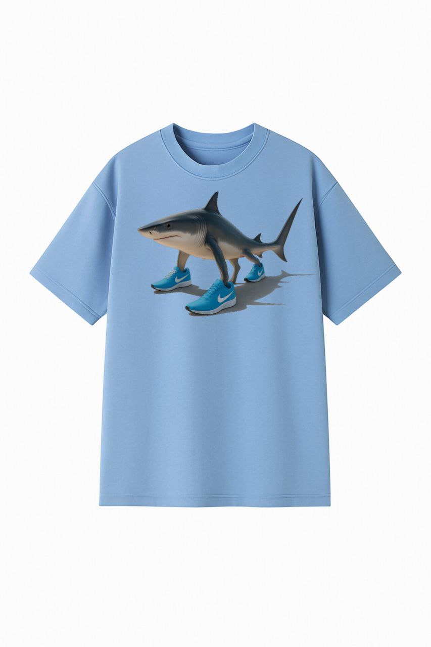 ФУТБОЛКА ОВЕРСАЙЗ БЛАКИТНА З ПРИНТОМ"ТРАЛАЛЕО ТРАЛАЛА"СПЕРЕДУ