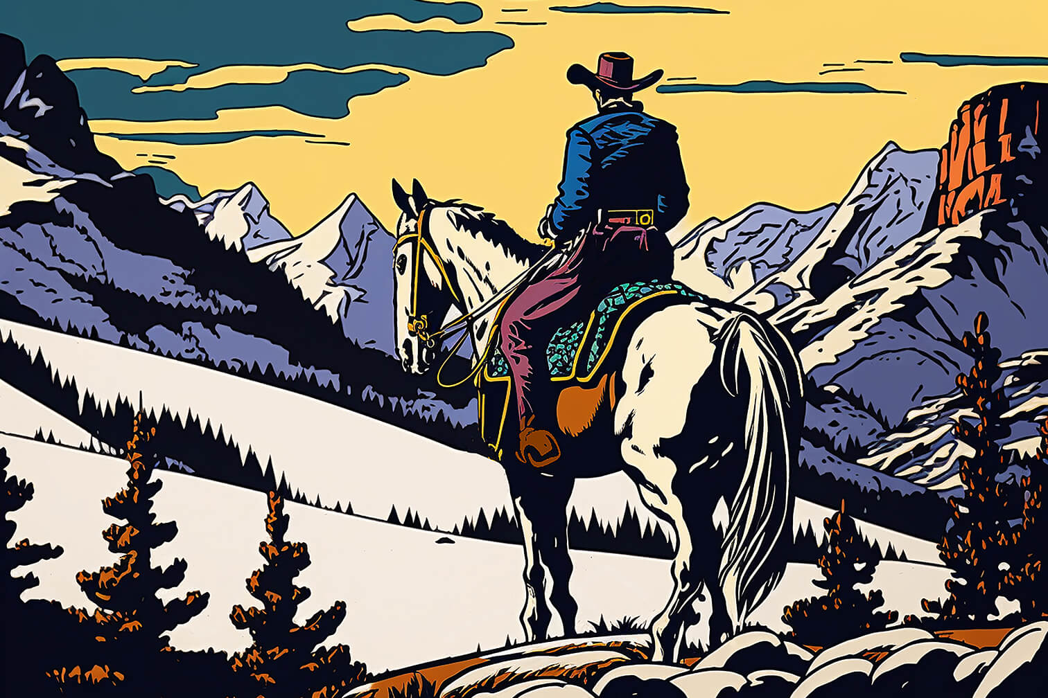 Cowboy in the snowy mountains, 80x120 cm, original acrylic painting on canvas