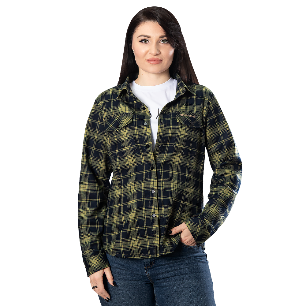 Тактична демісезонна жіноча сорочка "Pany Буревій (Logo Tan) Lime Green/Navy" від українського бренду "CAMOTEC".