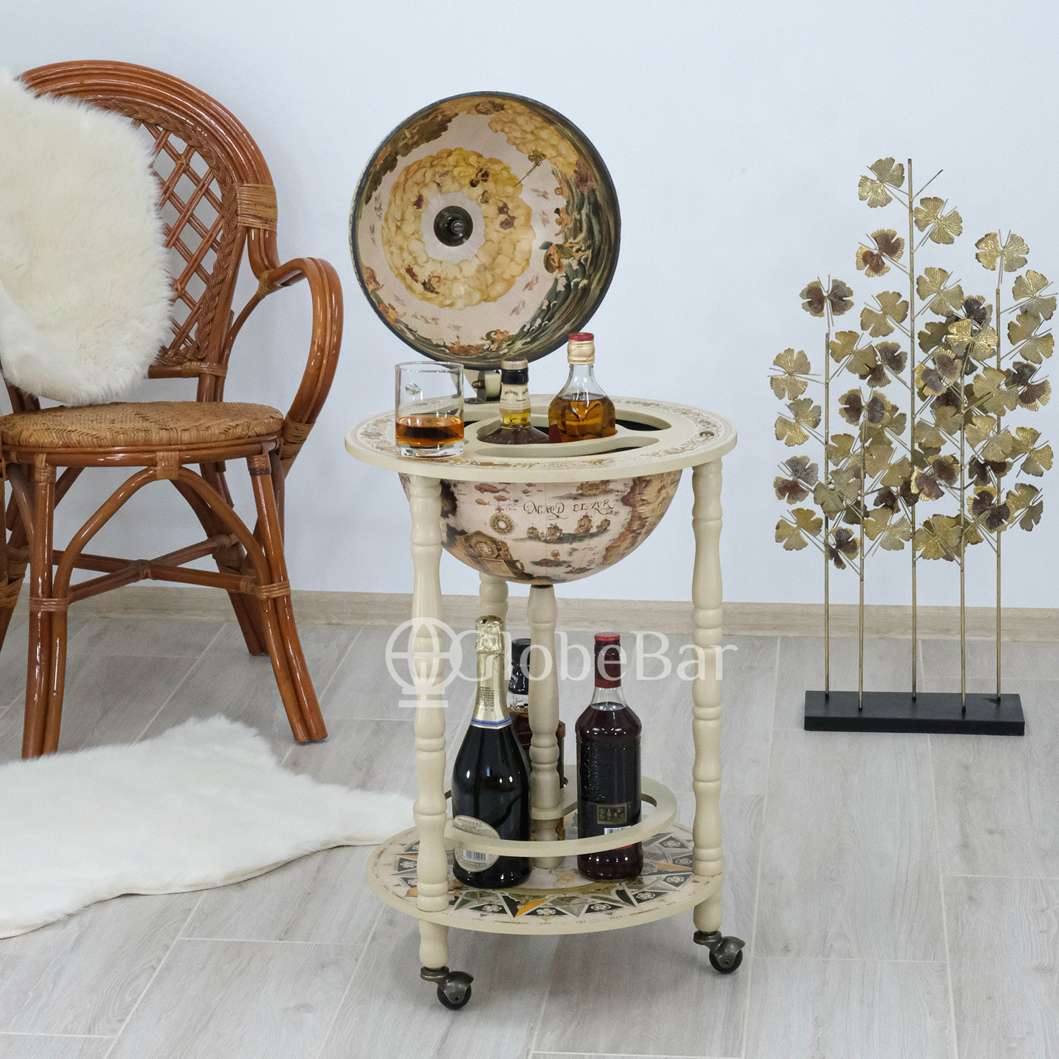 Глобус напольный на 3 бутылки, диаметр 33 см, айвори (44 х 44 х 88 см), 33001W