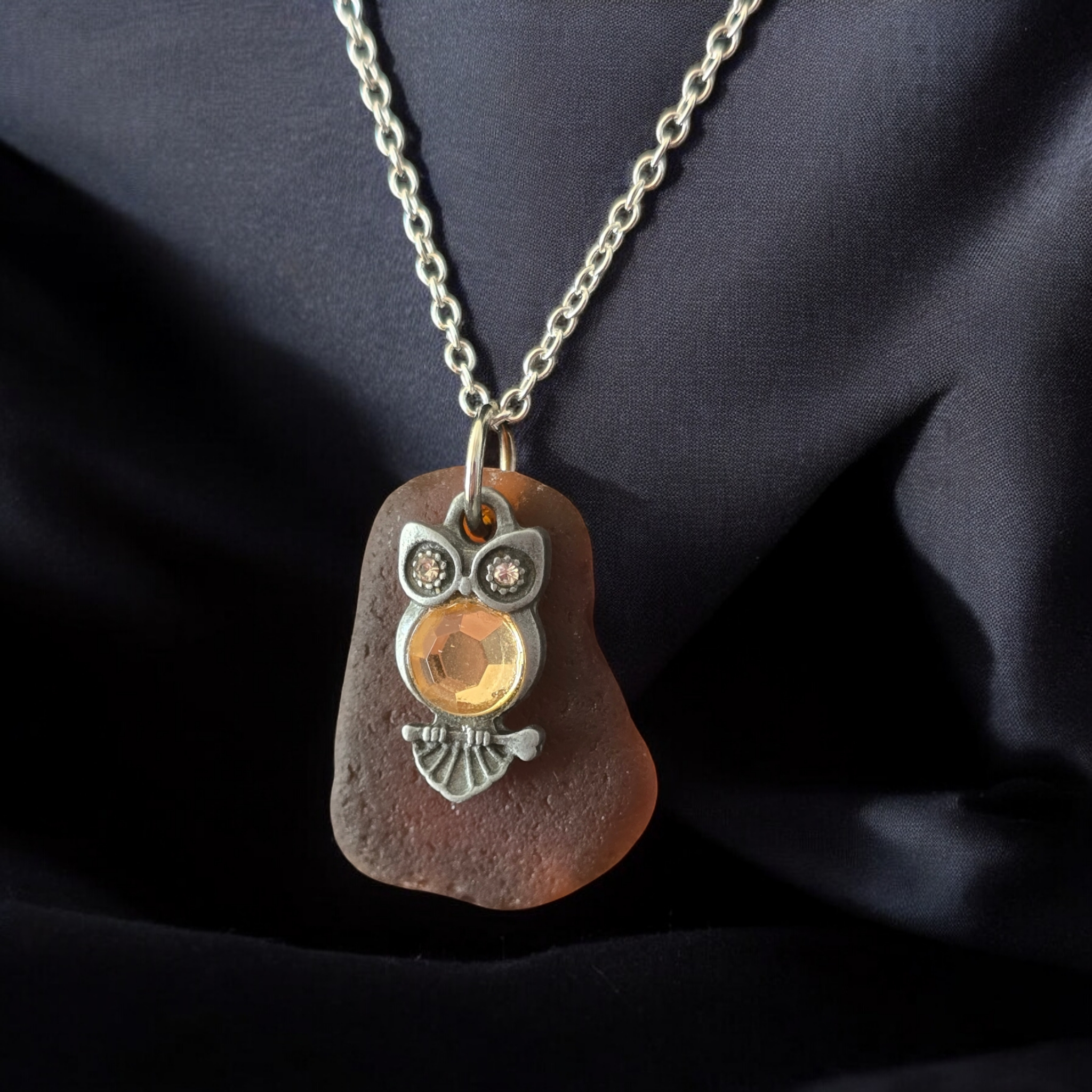 Amber Owl Sea Glass Necklace