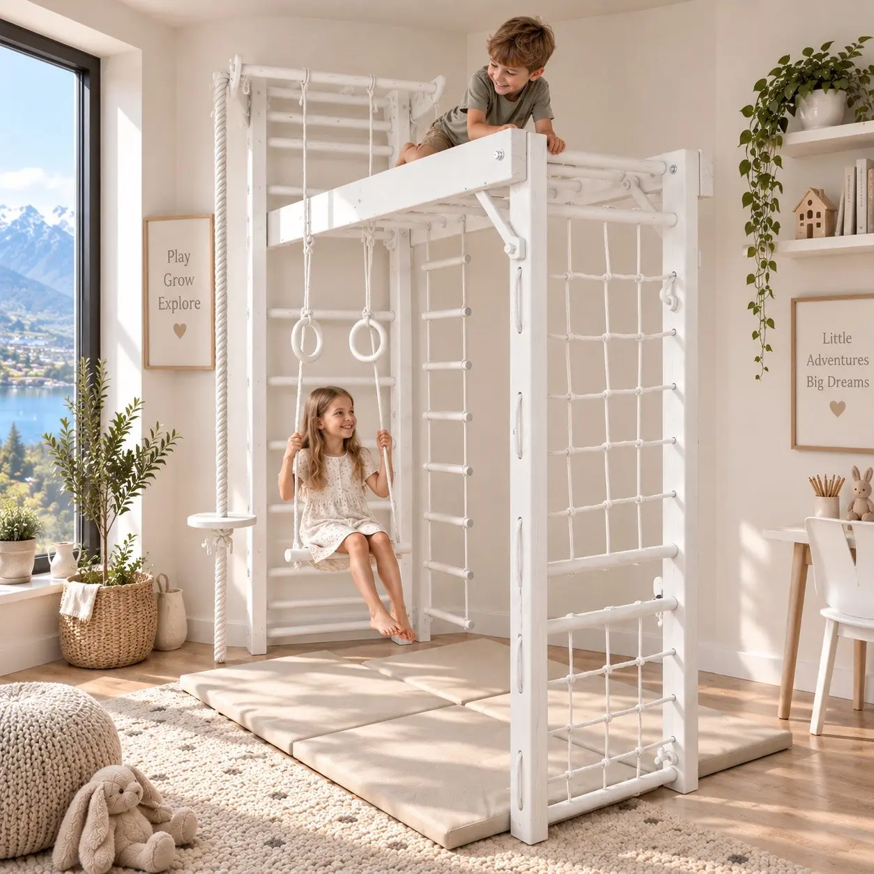 Max PRO Indoor Klettergerüst für Kinder – Weiße Sprossenwand mit Turnringen, Seilleiter & Kletternetz