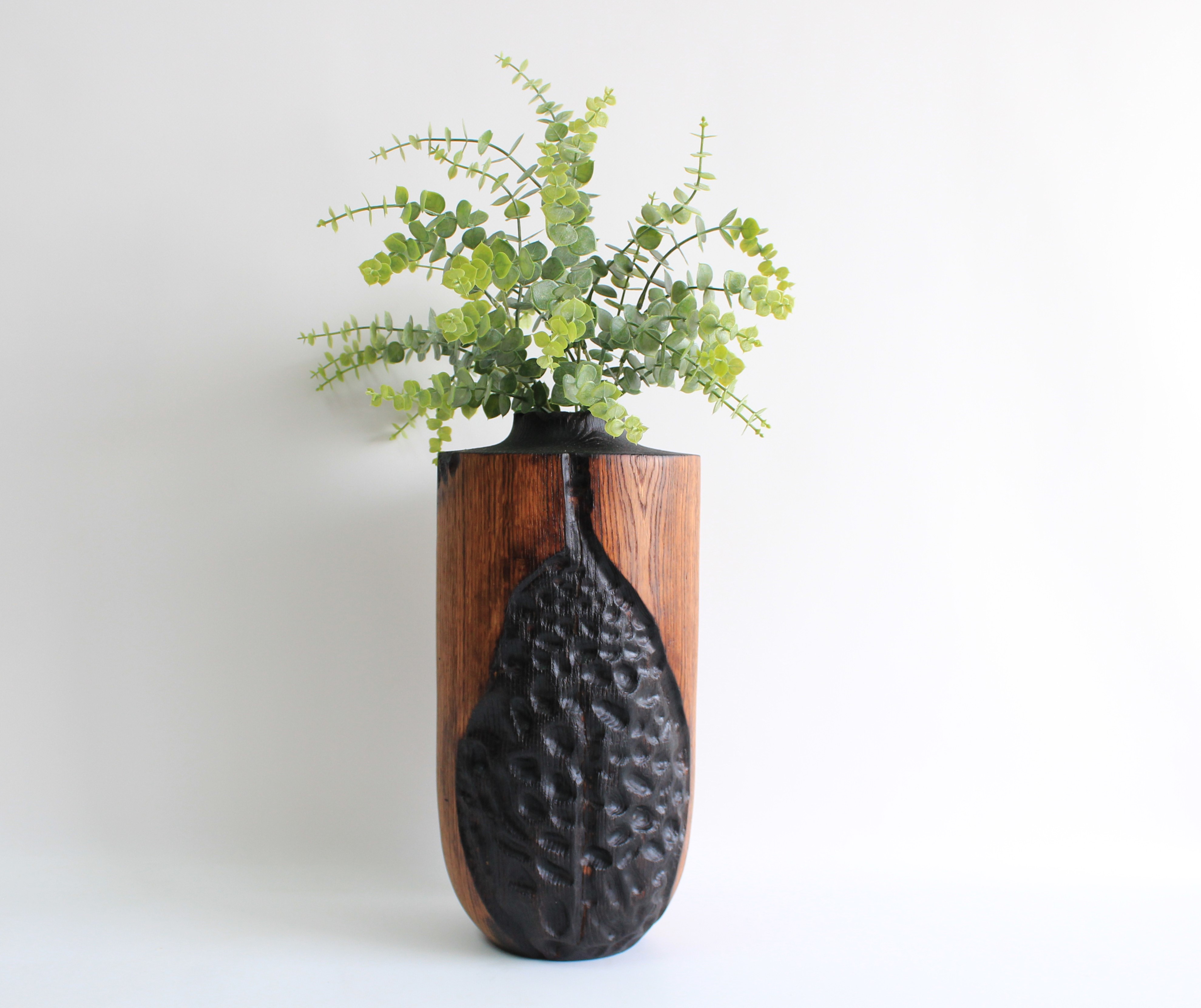 Hand carved tall floor vase, natural wooden dried flower vase