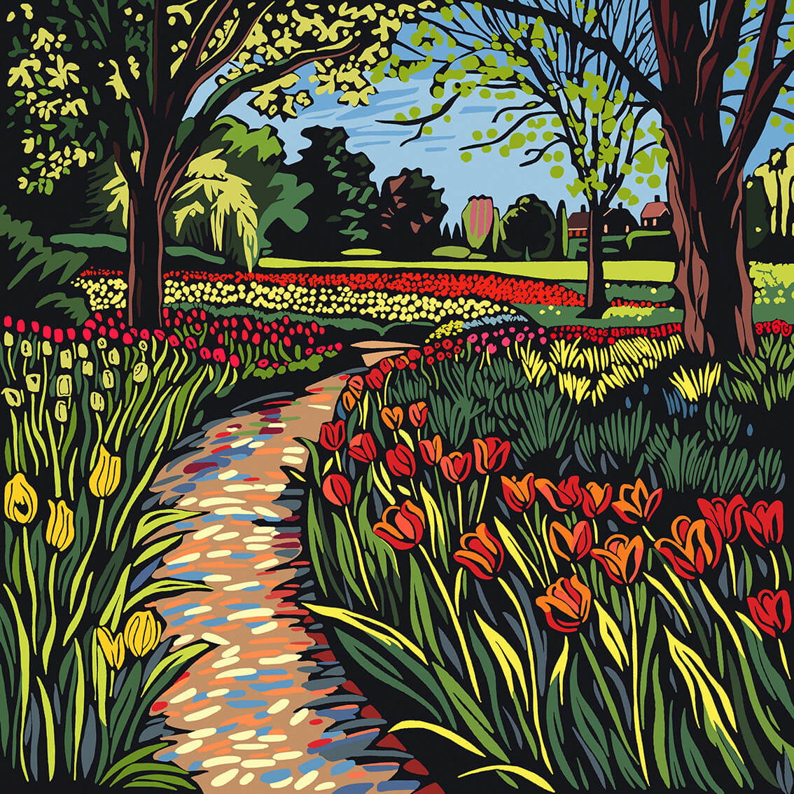 Keukenhof Flower Park II, 80x80 cm, original acrylic painting on canvas