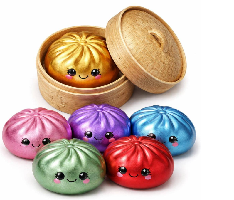 Трендовий сквіш антистрес Хінкалі у пароварці, Squishy Dumpling Stress Ball, пельмень, блискучий металік,1 шт