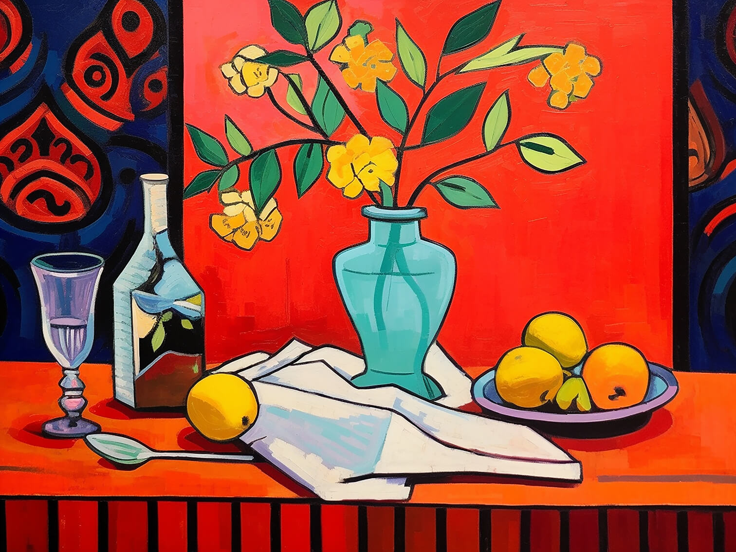 Still life with turquoise vase, 60x80 cm, original acrylic painting on canvas