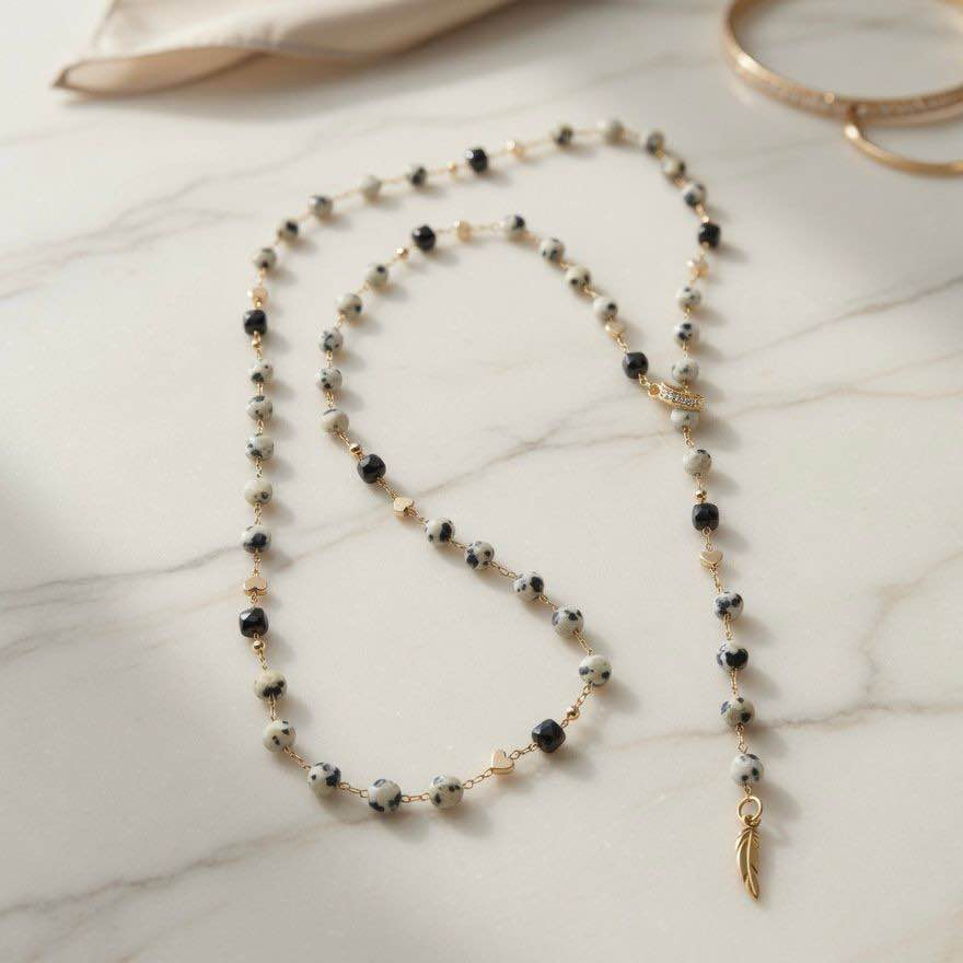 Dalmatian Jasper & Black Tourmaline Necklace with Adjustable Front Clasp
