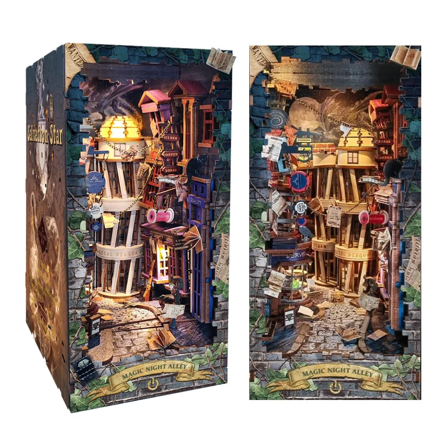 Букнук "Алея Діагон", DIY Book Nook Kit Magic Night Alley, Книжковий куточок в стилі Гаррі Поттера 3D пазли Дерев'яний конструктор
