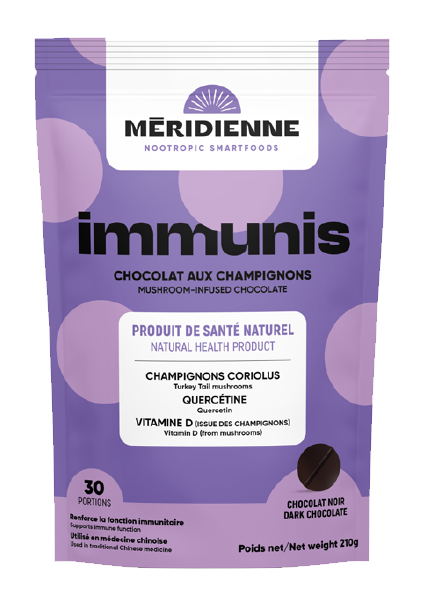 IMMUN(E) - Dark Chocolate infused with Turkey Tail mushroom extract, Quercetin and Vitamin D from mushrooms.