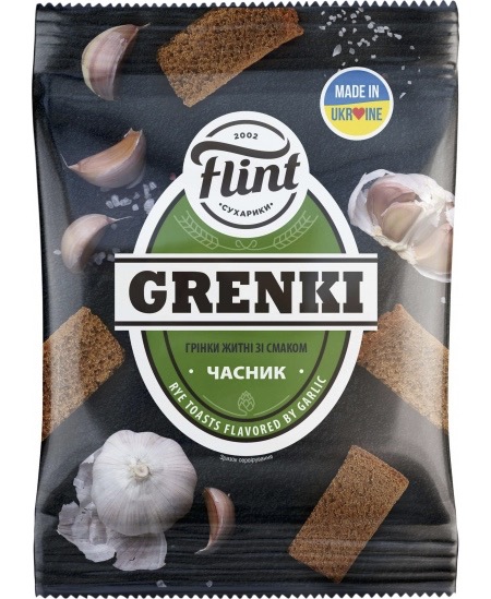 🇺🇦 "Flint" GRENKI, Pan tostado sabor ajo, 70 g.