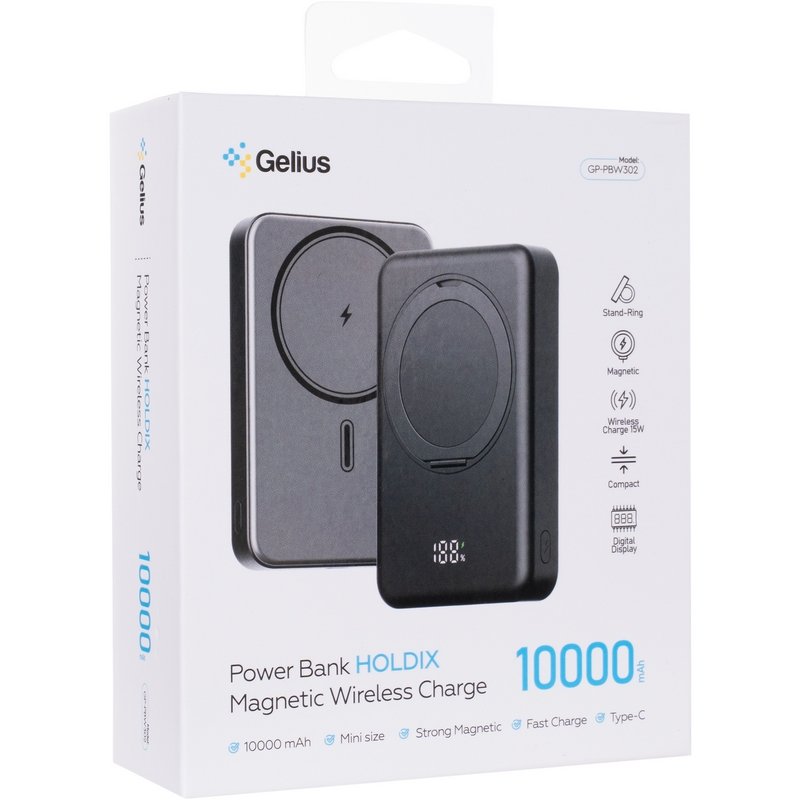Повербанк з бездротовою зарядкою Gelius HOLDIX GP-PBW302 Magnetic Wireless Charge 15W 10000mAh Black