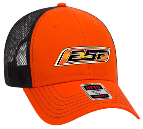 Orange & Black Mesh Moto Logo Trucker Cap