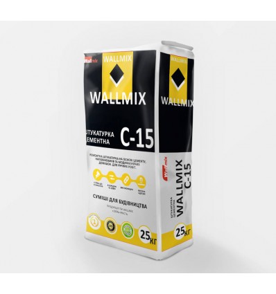 Wallmix C-15 штукатурка цементна для внутрішніх і зовнішніх робіт 25 кг. Волмікс