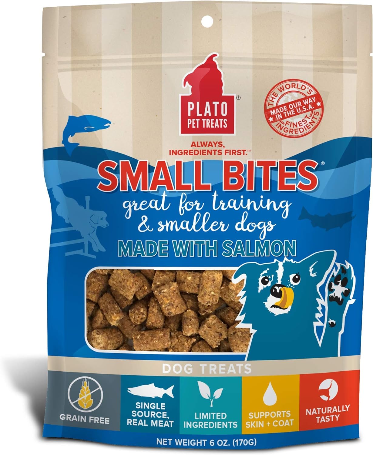 PLATO Small Bites Dog Treats, Natural Bite Sized Real Meat & Salmon Flavor