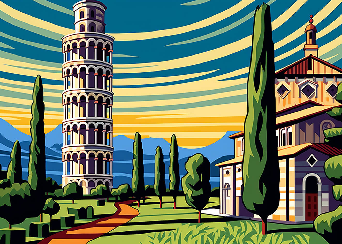 Landscape with a Tower, 50x70 cm, original acrylic painting on canvas