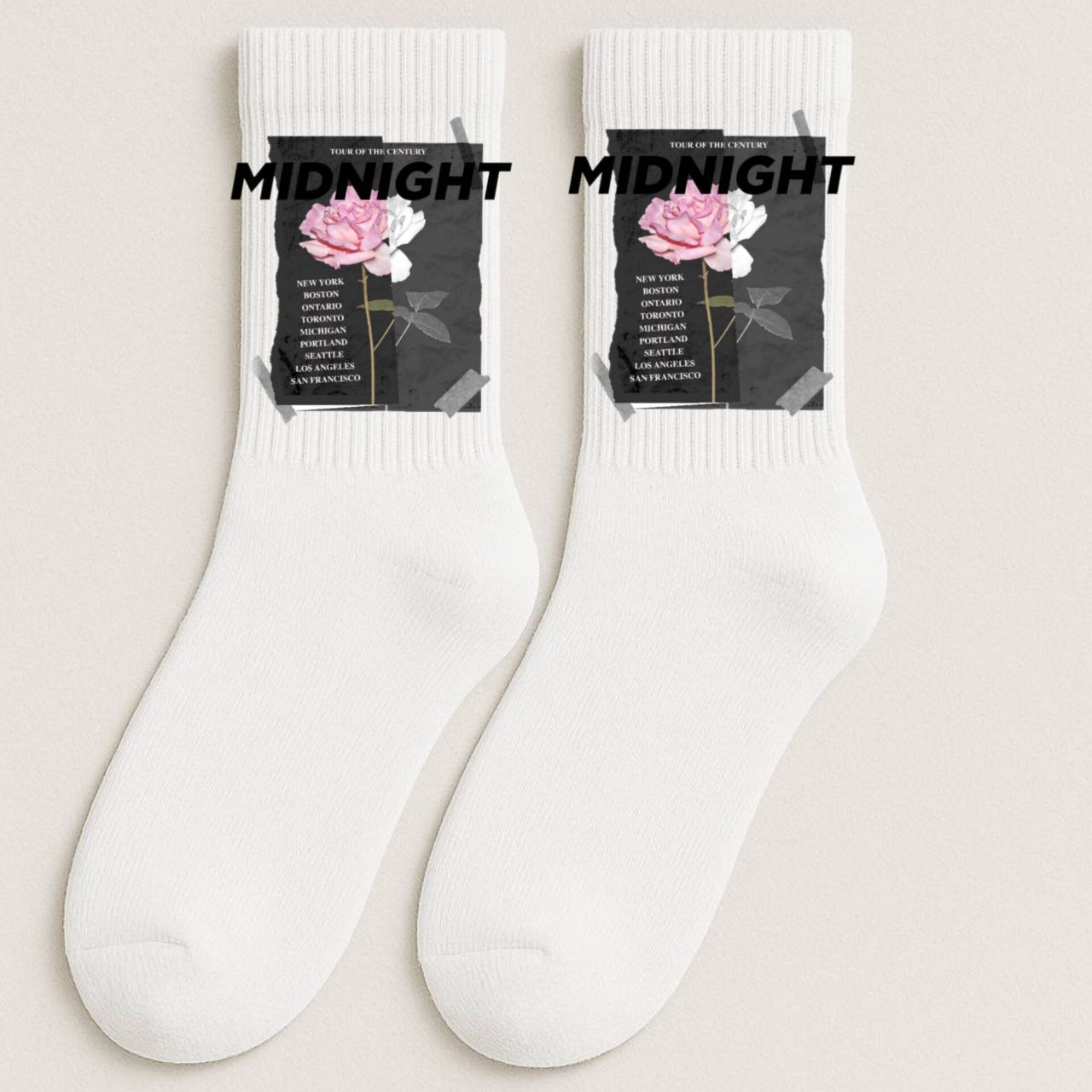 ШКАРПЕТКИ ВИСОКА РЕЗИНКА ДОРОСЛІ БІЛІ З ПРИНТОМ "ТРОЯНДА 1"