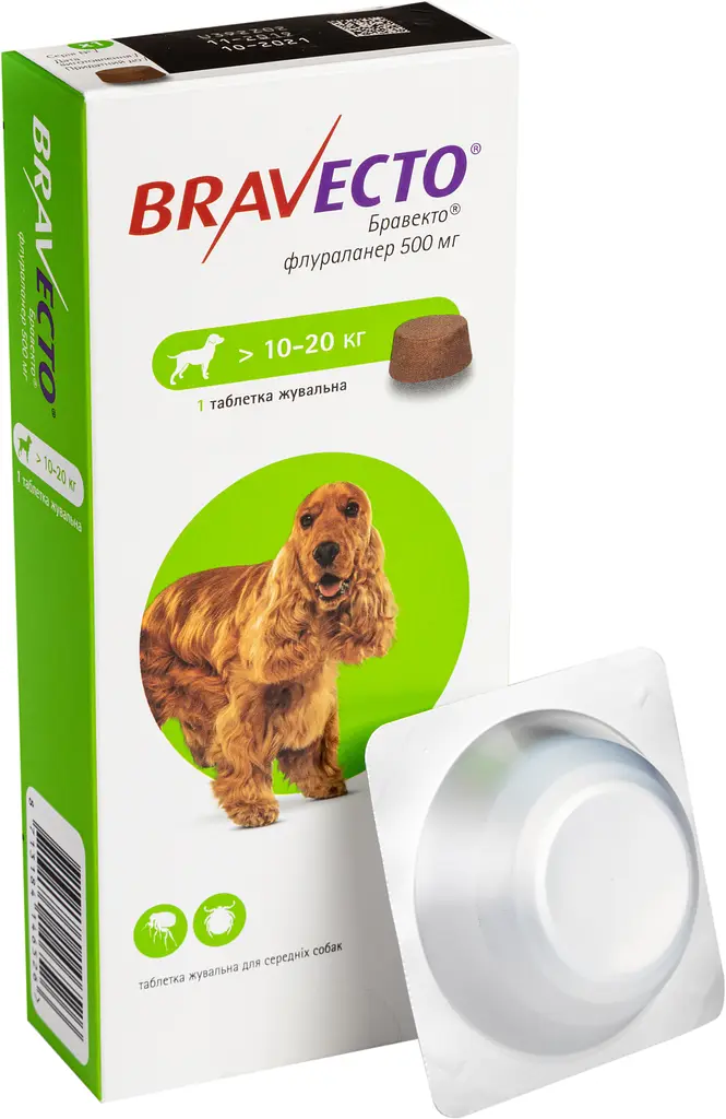Bravecto від бліх і кліщів для собак з вагою від 10 до 20 кг