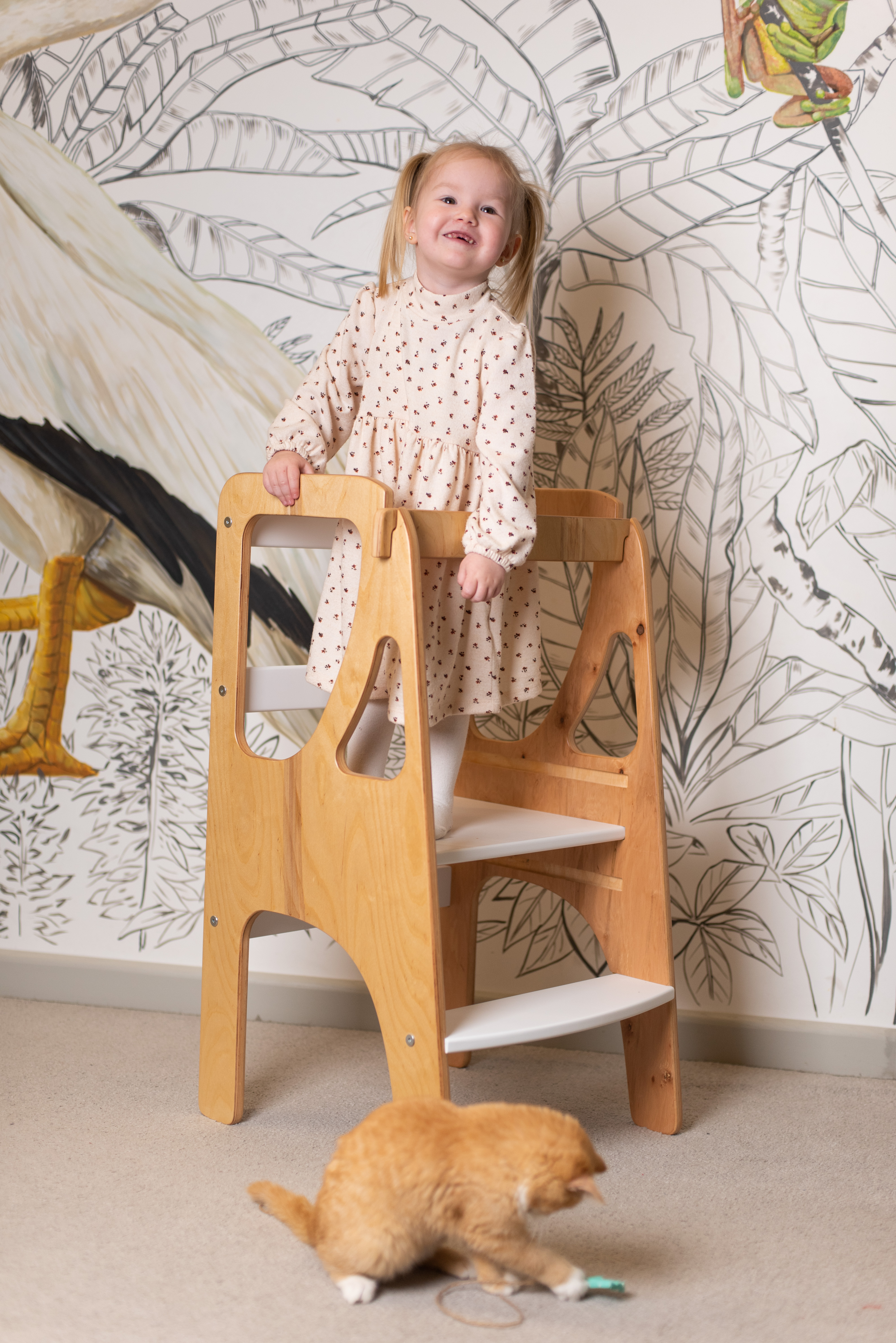 Вежа помічника Монтессорі дизайнерська регульована по висоті дерев'яна FunEra - Натурально/біла