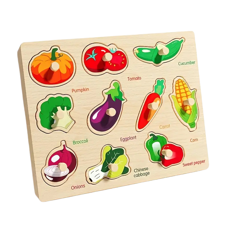 Дерев’яний пазл — овочі, навчальна панель для дітей 1–3 роки