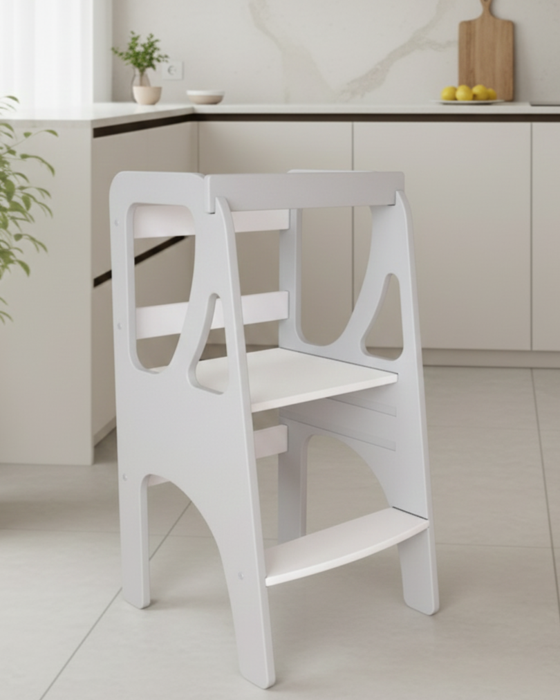 Вежа помічника Монтессорі дизайнерська регульована по висоті дерев'яна FunEra - Світло-сіро/біла