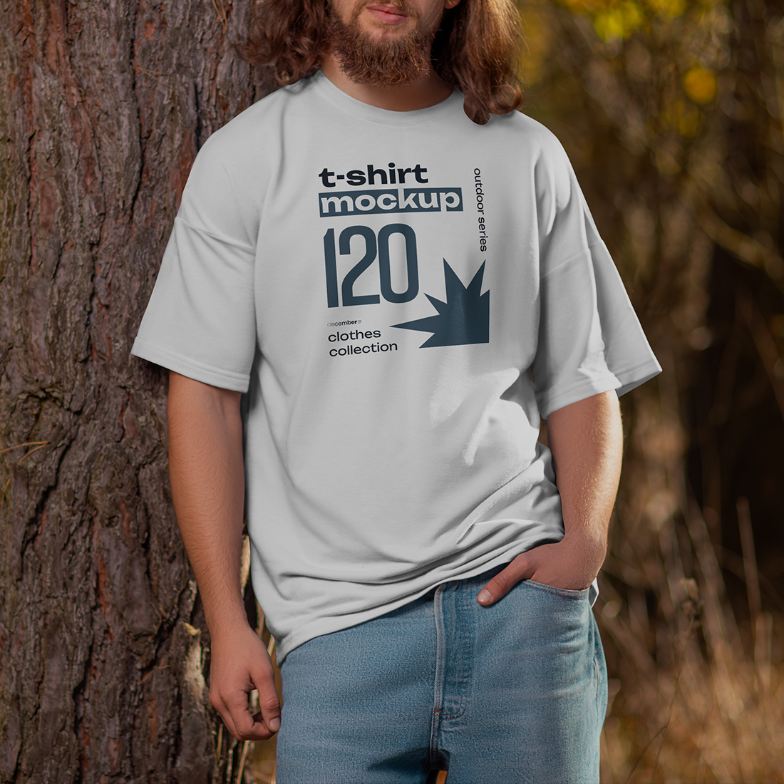 4 Mockups of Men's Oversize T-Shirt at the Outdoor. Forest. vol.04