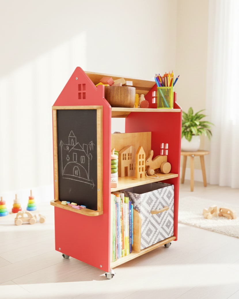 Дитячий стелаж дизайнерський Монтессорі для іграшок та книжок дерев'яний з грифельною дошкою на коліщатках Хмарочос - Кораловий/лаковий