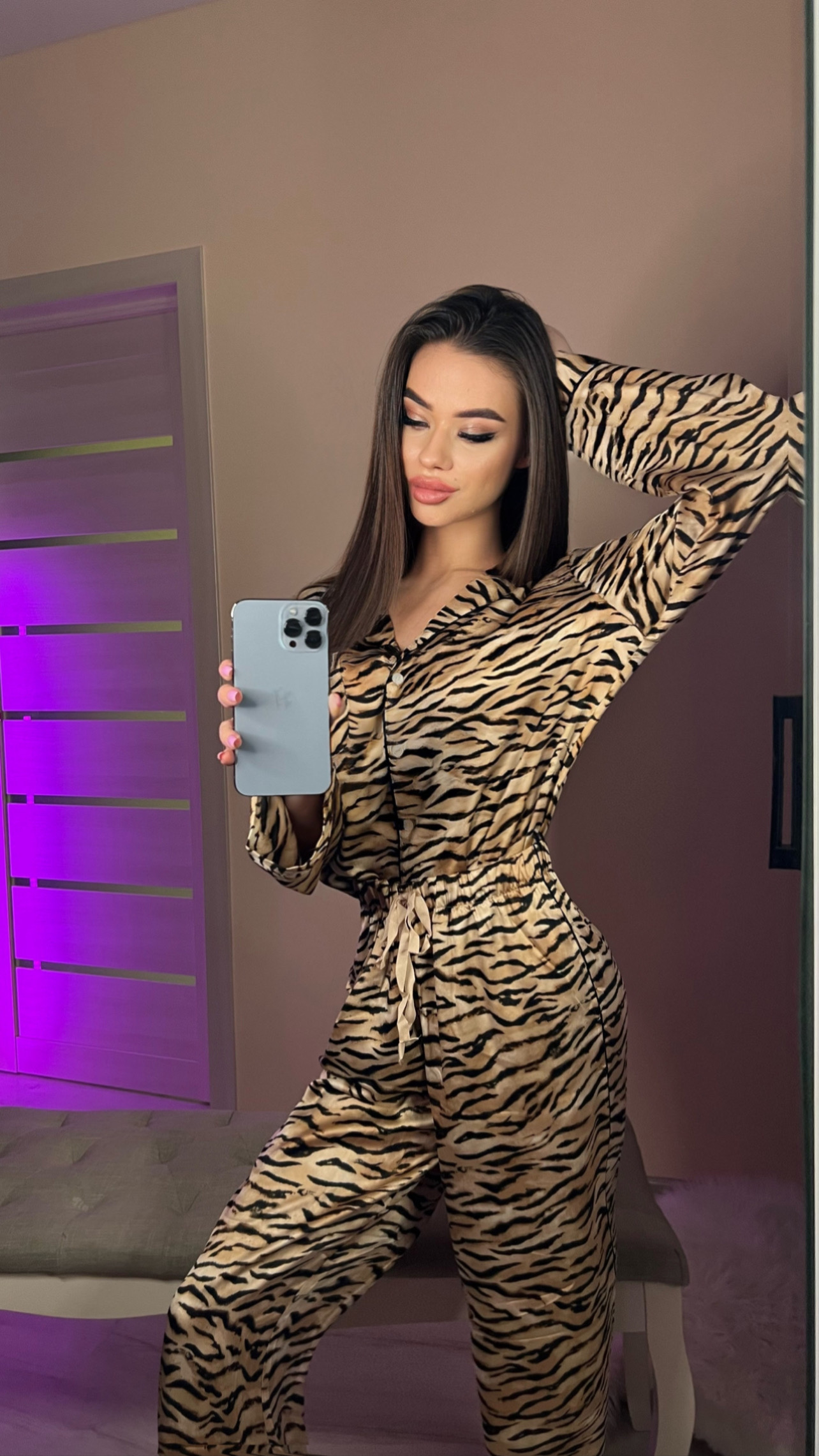 Піжама cатинова Satin Long Pajama Set тигрова