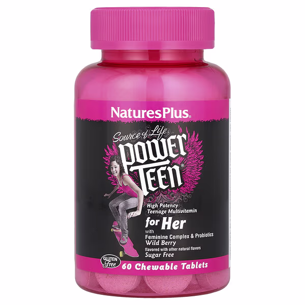 NaturesPlus, Source of Life®, Power Teen® for Her, Sugar Free, Wild Berry, 60 Chewable Tablets