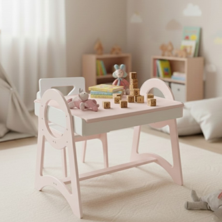 Дитячий столик і стільчик регульований по висоті деревяний дизайнерський з сенсорним коробом та грифельною дошкою Пелікан Рожево/білий