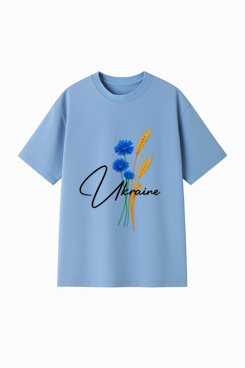 ФУТБОЛКА ОВЕРСАЙЗ БЛАКИТНА З ПРИНТОМ "КОЛОСОК УКРАЇНА"