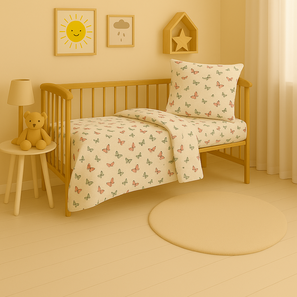 Дитяча постільна білизна з фланелі з малюнком "Метелики сіро-рожево-зелені на білому"