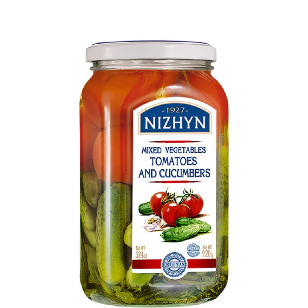 🇺🇦 "NEZHIN" Tomates y pepinillos encurtidos, 920 g.