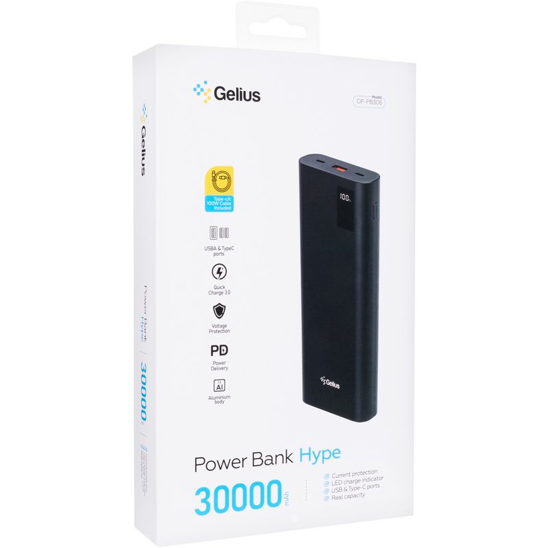 Повербанк Gelius Hype GP-PB306 30000mAh QC+PD 100W + кабель Type-C/Type-C (1m,100W) Black