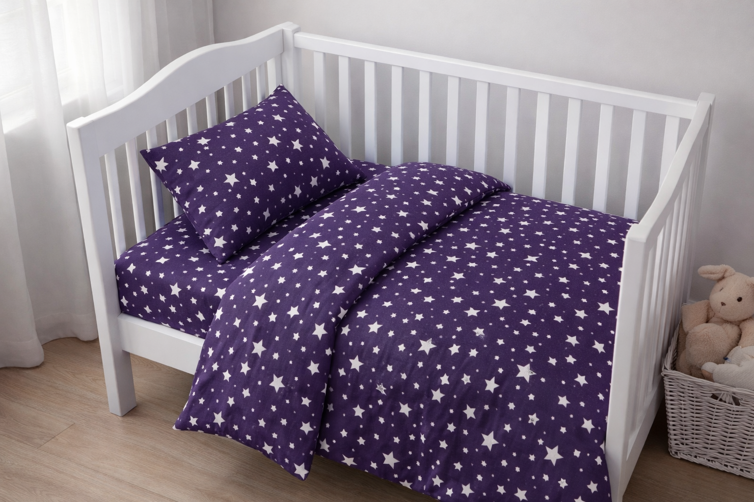 Постільна білизна  в ліжечко  ранфорс принт  "Білі зірки на фіолетовому"