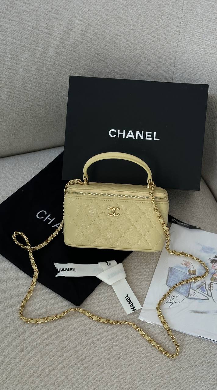 Chanel Classic Yellow Caviar Quilted Pearl Crush Vanity Bag