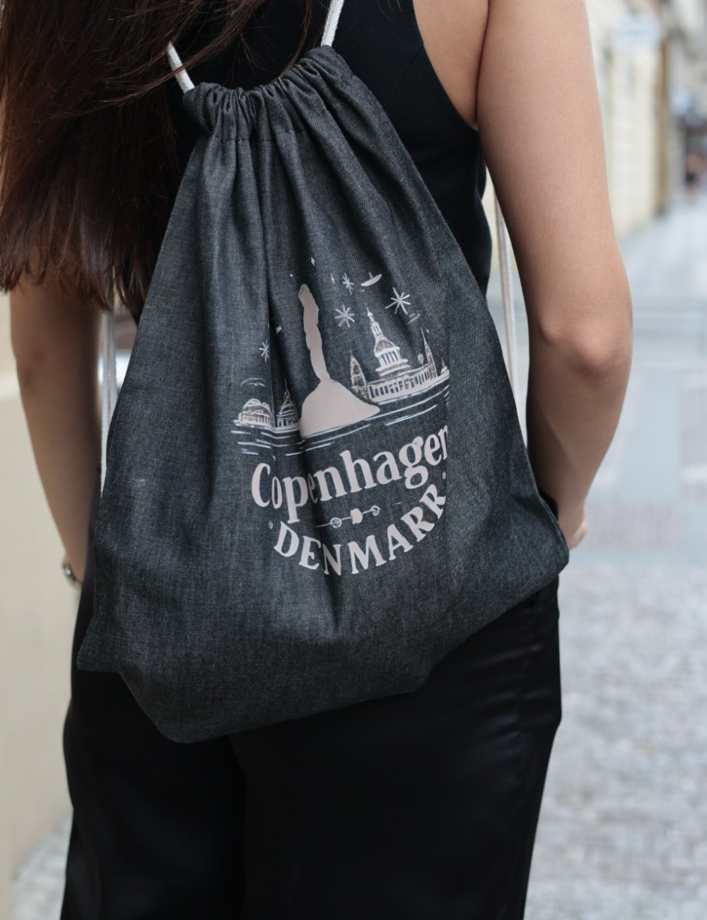 Denim backpack with Copenhagen print