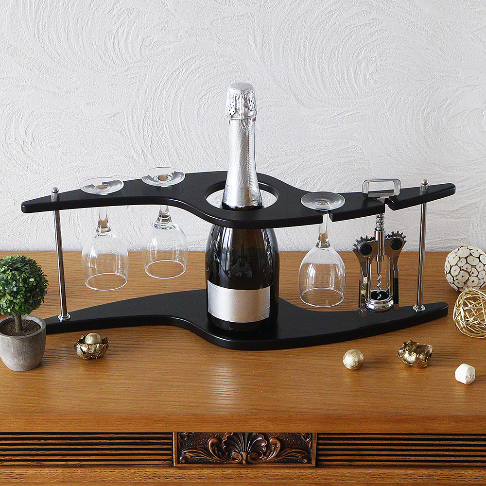 Подставка для бутылки на 3 бокала со штопором деревянная, SS09188